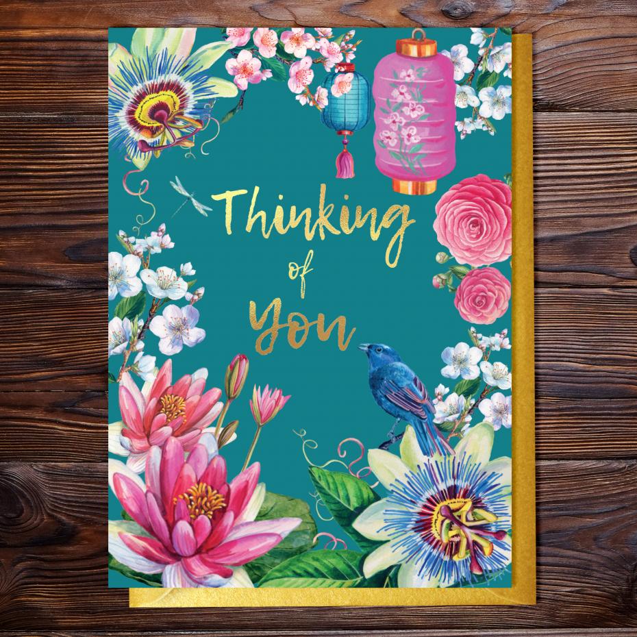Kimono Thinbking of You Greetings Card with Gold Accents